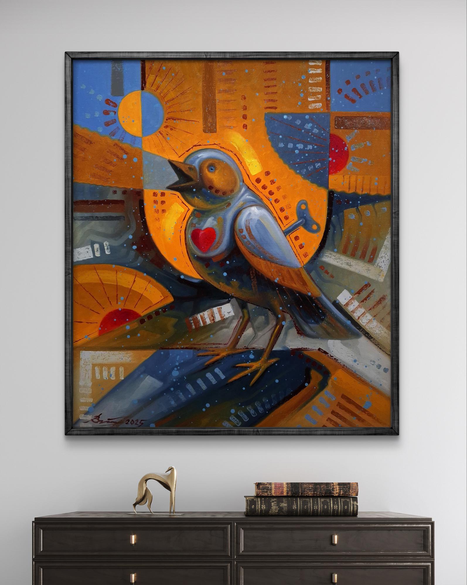 Oil painting The bird is singing by Sergiy Voichenko, vibrant bird with red heart