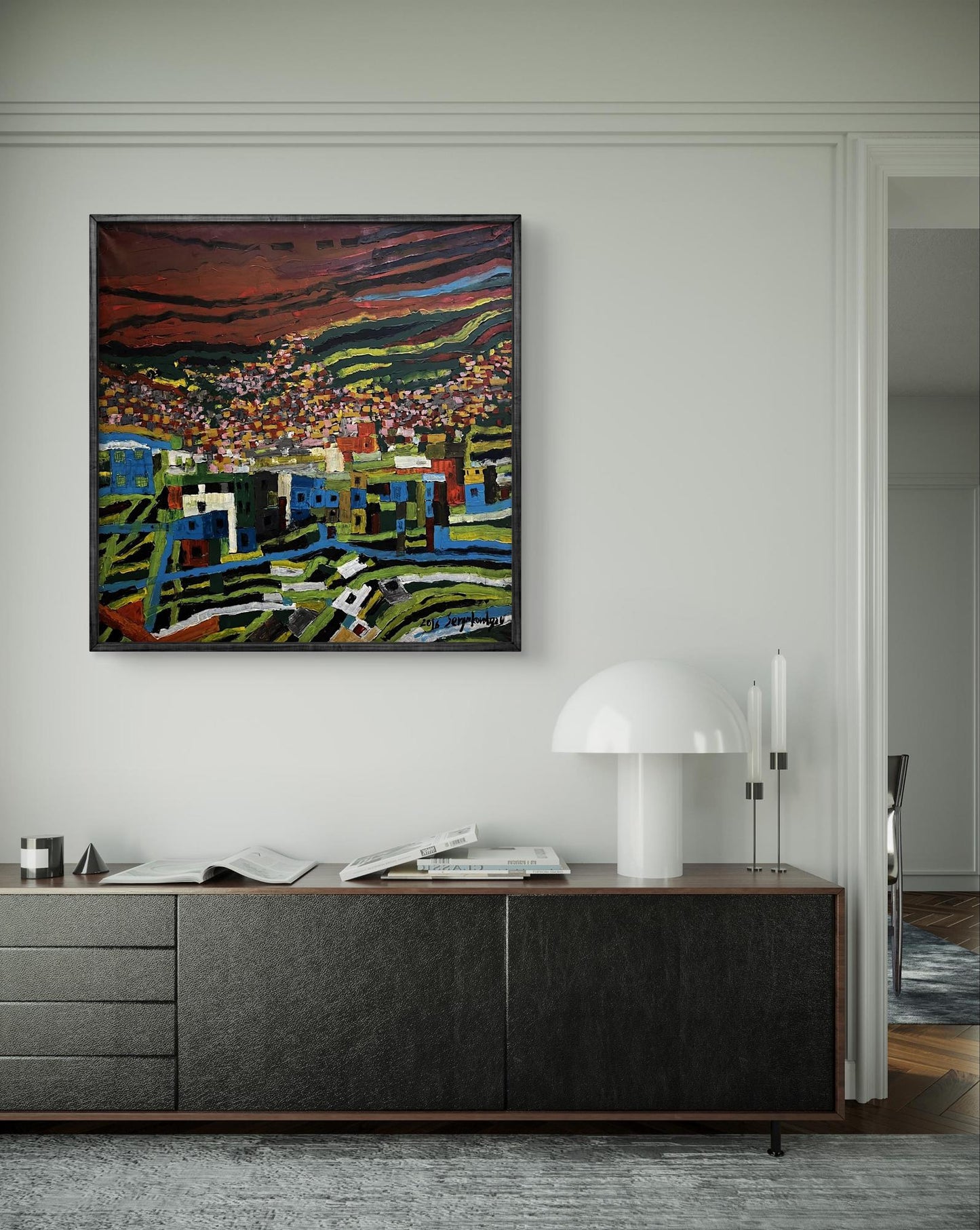 Vibrant oil painting Favelas by Serhiy Kovalev: colorful hillside village