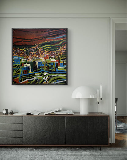 Vibrant oil painting Favelas by Serhiy Kovalev: colorful hillside village