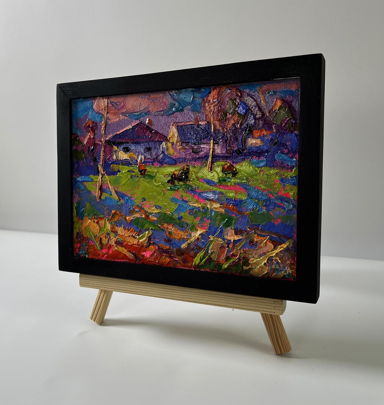 Oil painting Purple evening in the village by Oleksiy Ivanyuk in black frame