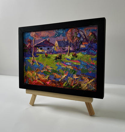 Oil painting Purple evening in the village by Oleksiy Ivanyuk in black frame