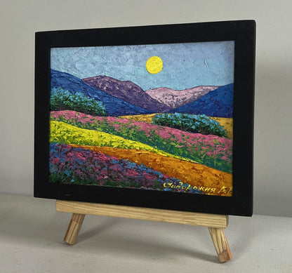 Oil painting by V. Zadorozhnya: vibrant hills, flower fields under yellow sun