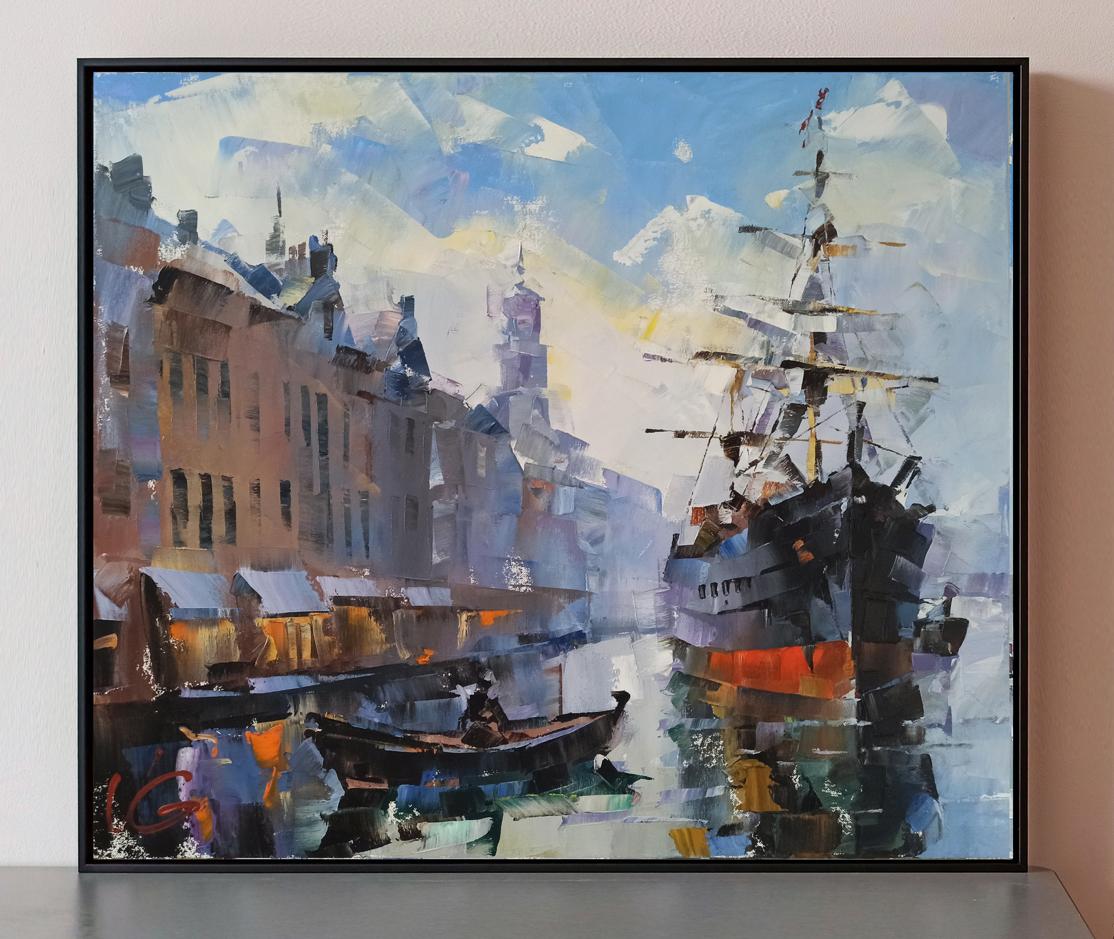 A framed abstract painting depicting a harbor scene with boats and buildings, rendered in textured brushstrokes of blues, oranges, and grays.