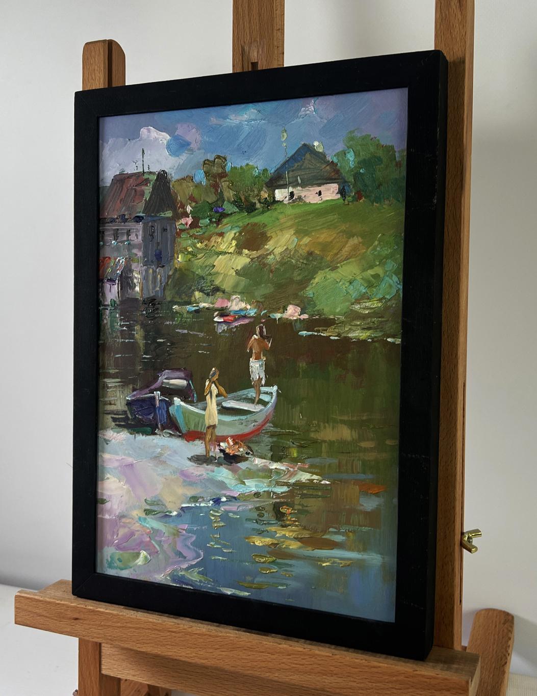 Oil painting of girls sailing in a boat by Yuri Suprunchuk in black frame