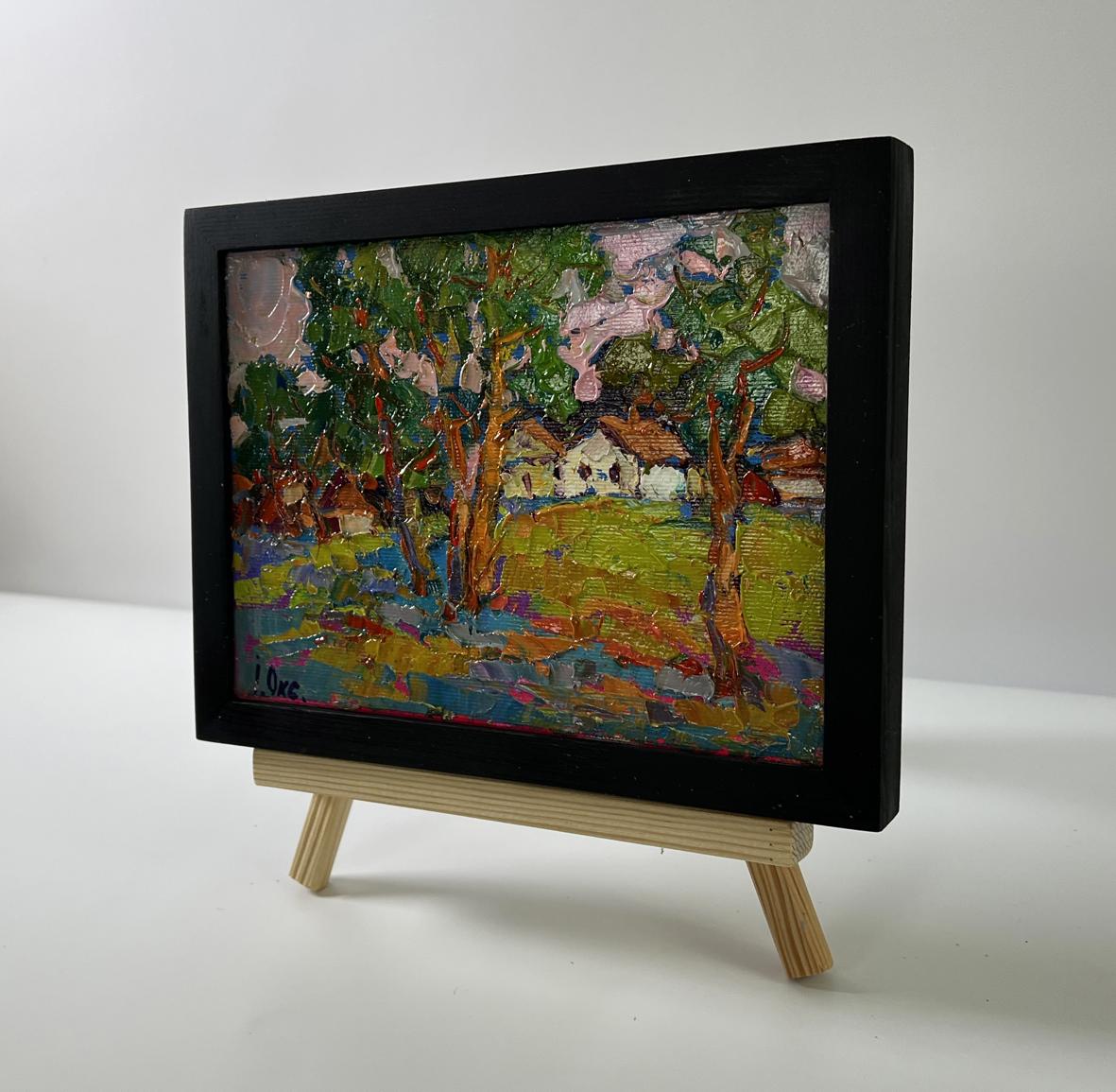 Oil painting On the edge of the village by Oksana Ivanyuk in black frame