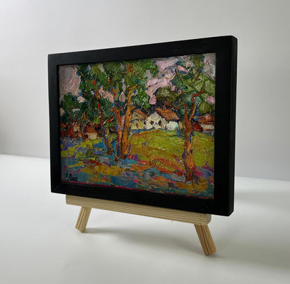 Oil painting On the edge of the village by Oksana Ivanyuk in black frame