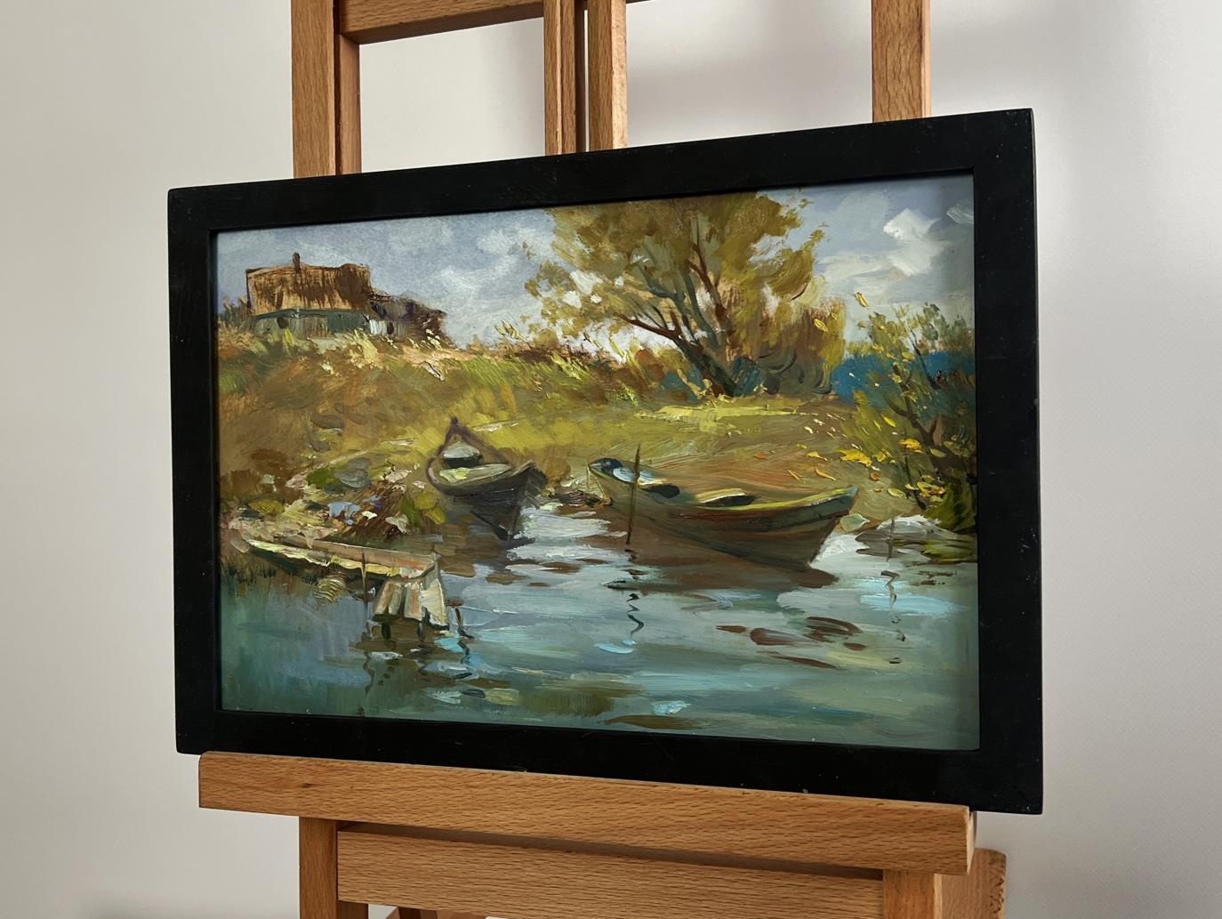 Oil painting Summer peace on the river by Yuriy Suprunchuk with boats