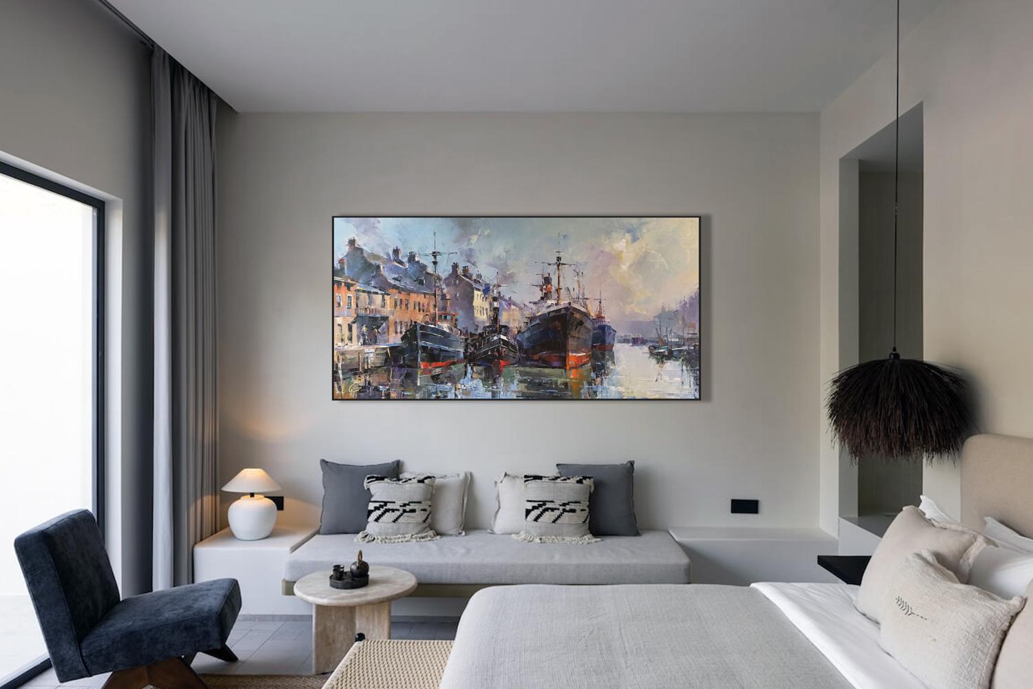 Framed watercolor harbor with boats in Morning Glow by Volodymyr Gluhomanyuk