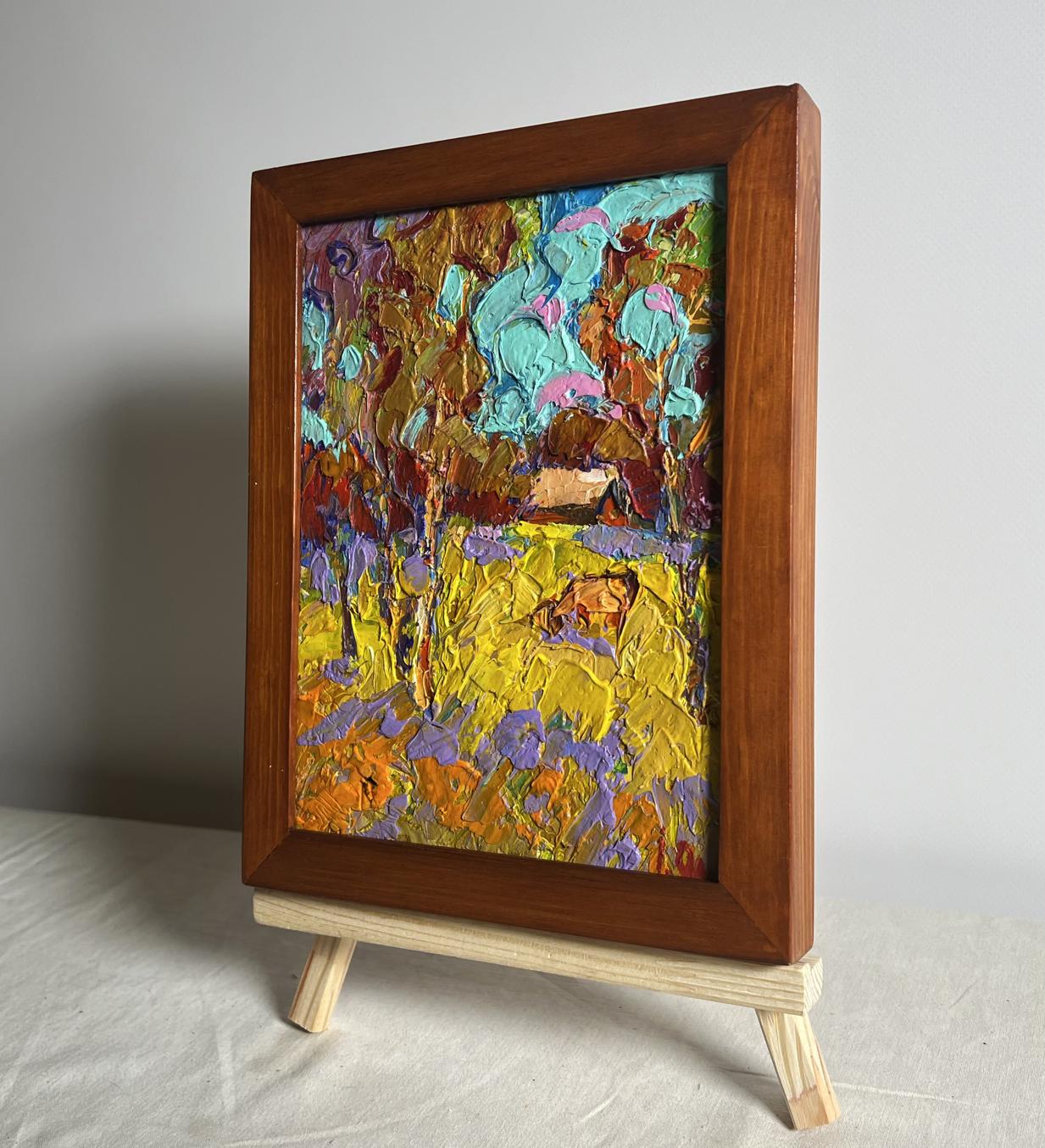 Oil painting of cow in field by Oleksiy Ivanyuk in wooden frame