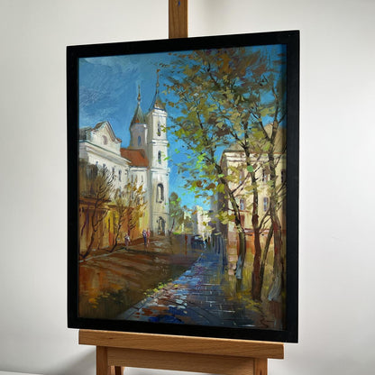 Oil painting Autumn City Symphony by Yuriy Suprunchuk in black frame