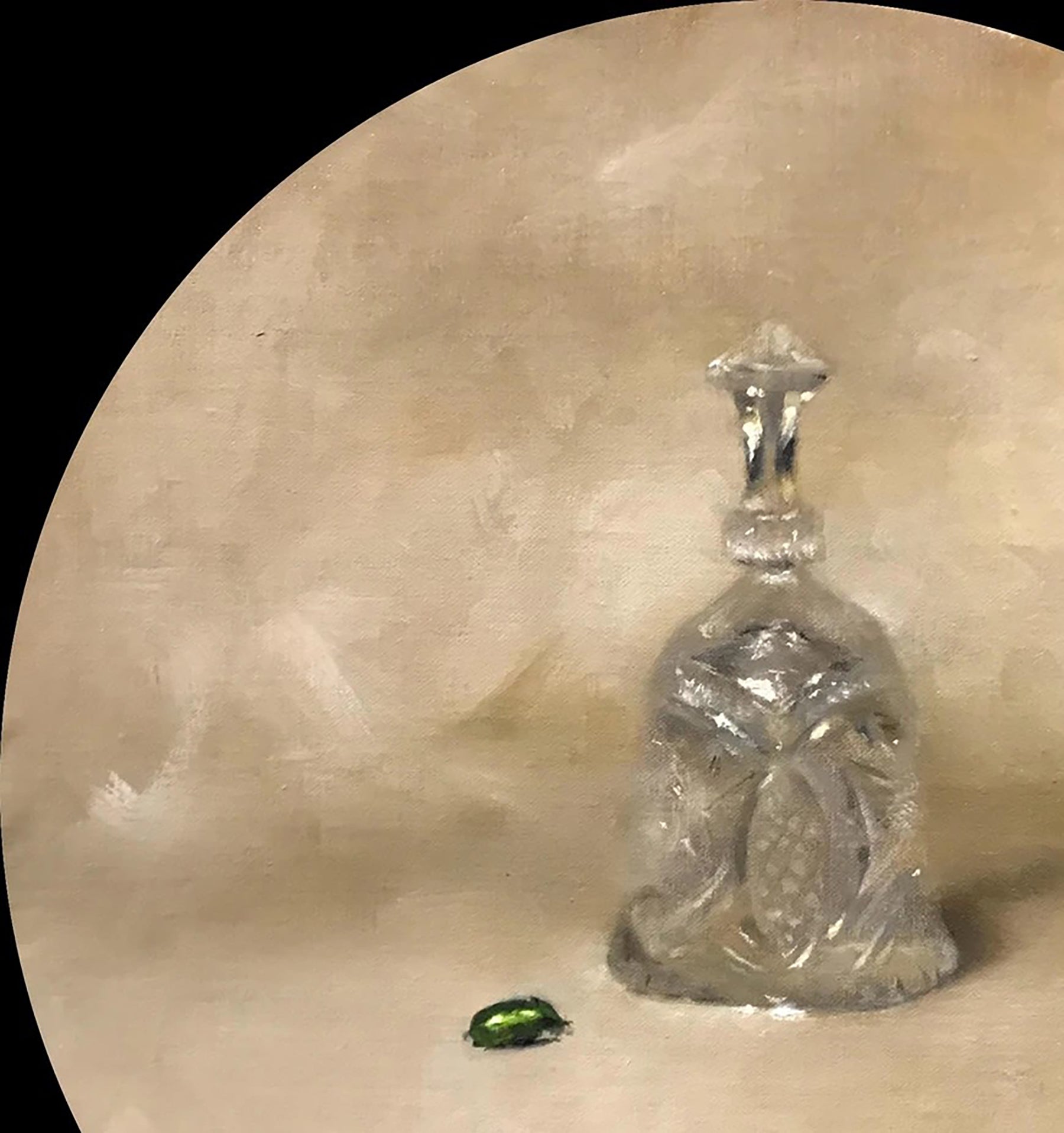 Clear faceted glass decanter with etched stopper in Annam Butt jewel beetle oil painting