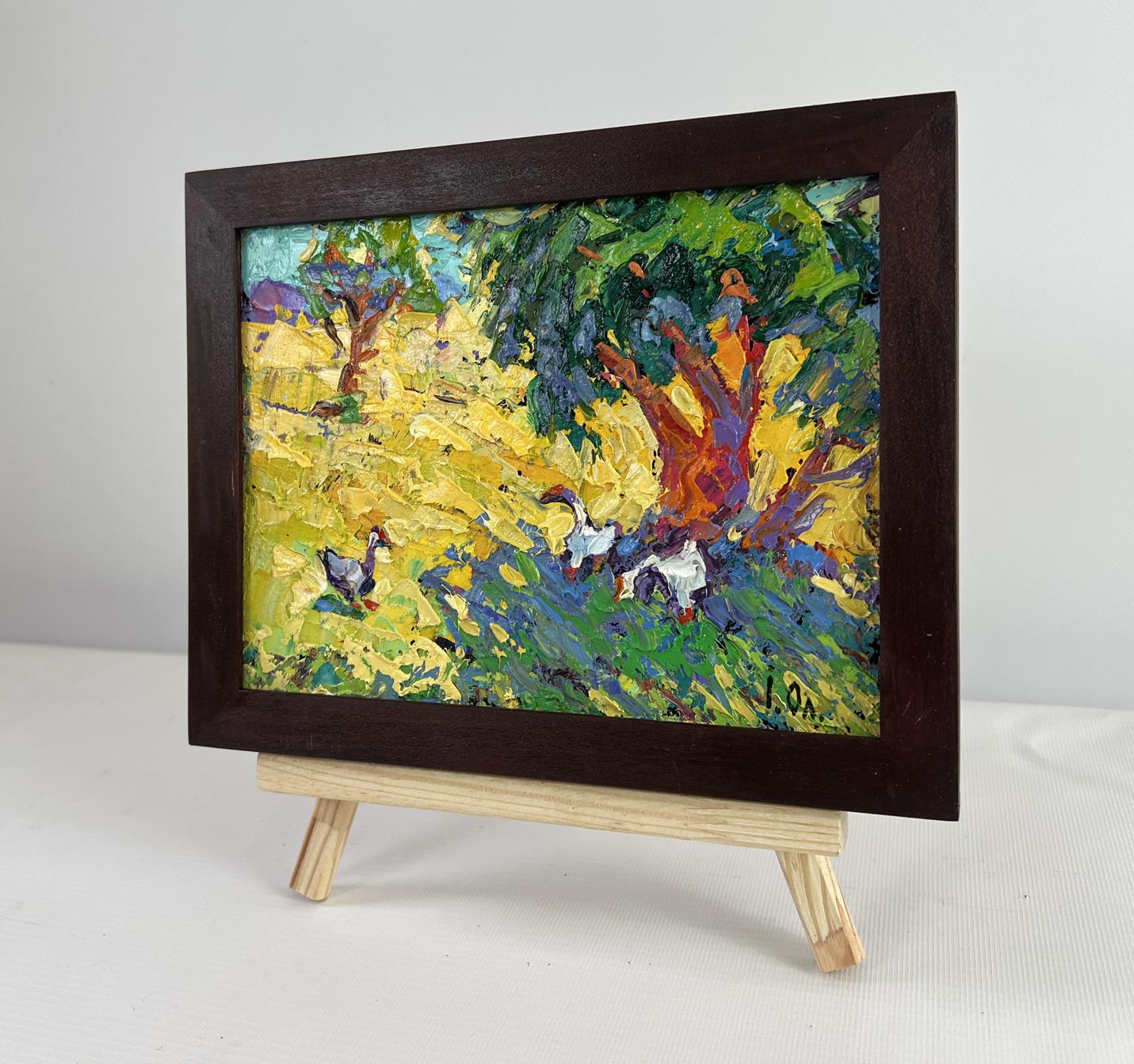 Vibrant impressionist oil painting of ducks in summer field by Oleksiy Ivanyuk on easel