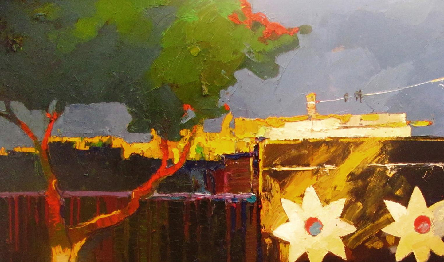 Oil painting Gate in the Village by Natalia Korf-Ivaniuk with vibrant tree