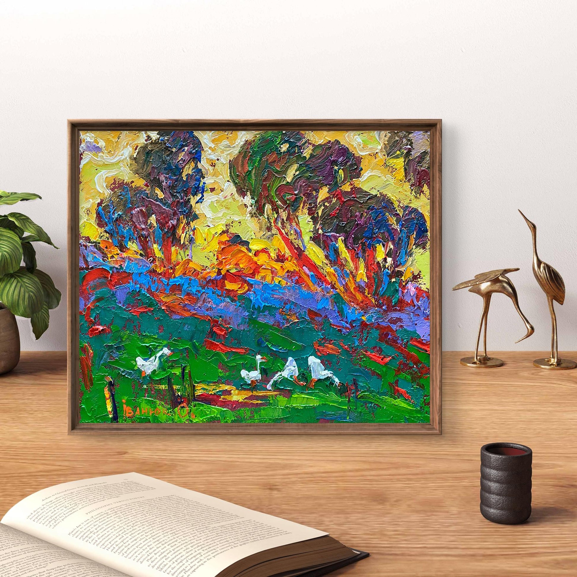 Oil painting of green field with colorful trees and birds by Oleksiy Ivanyuk