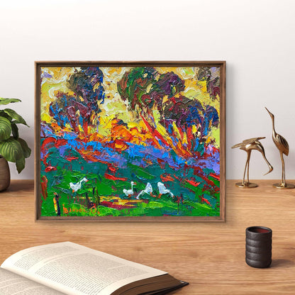 Oil painting of green field with colorful trees and birds by Oleksiy Ivanyuk
