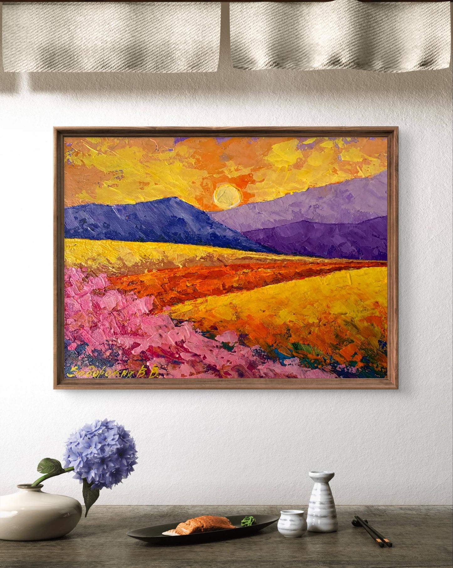 Oil painting Sun over the mountains V. Zadorozhnya sunset view