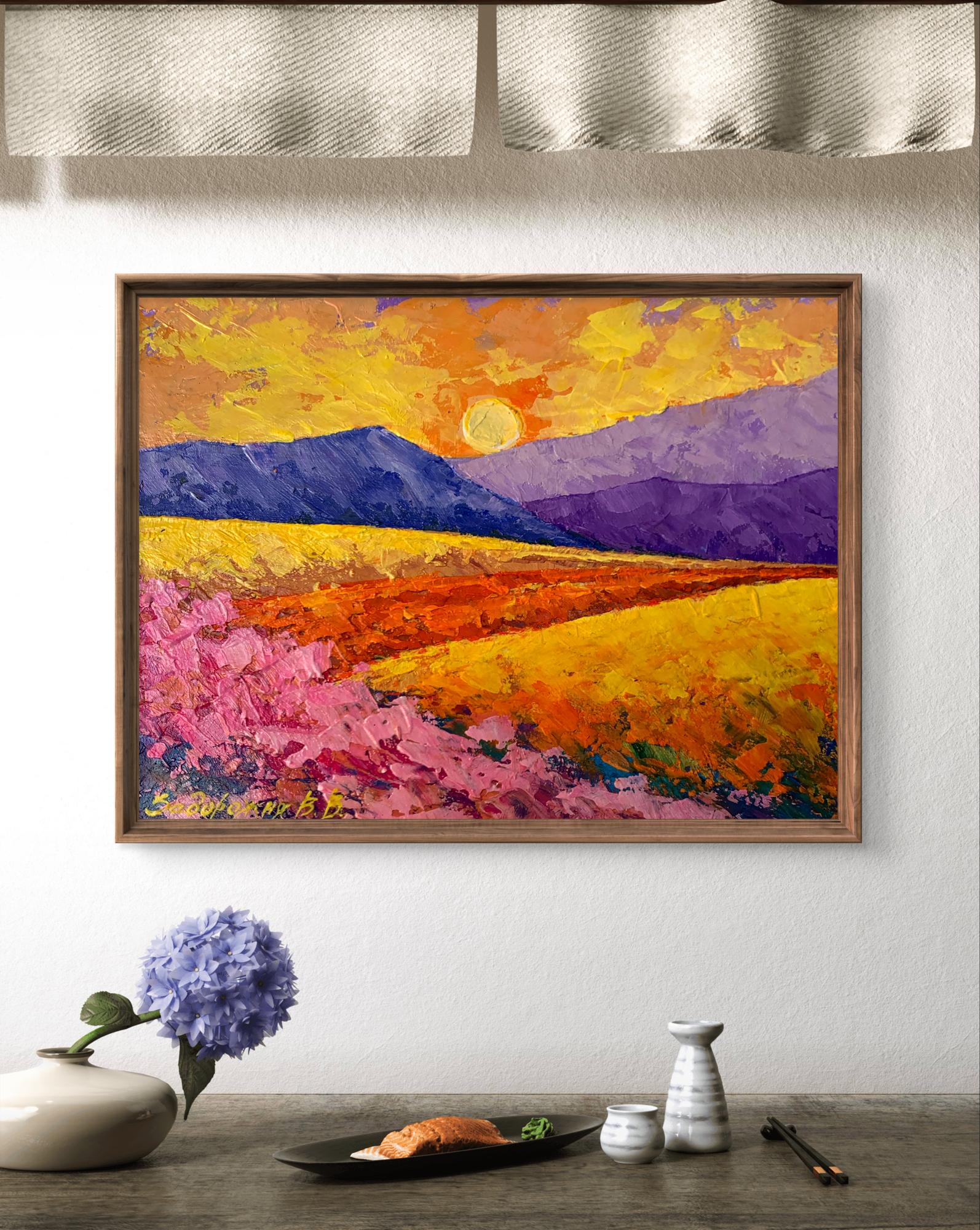 Oil painting Sun over the mountains V. Zadorozhnya sunset view