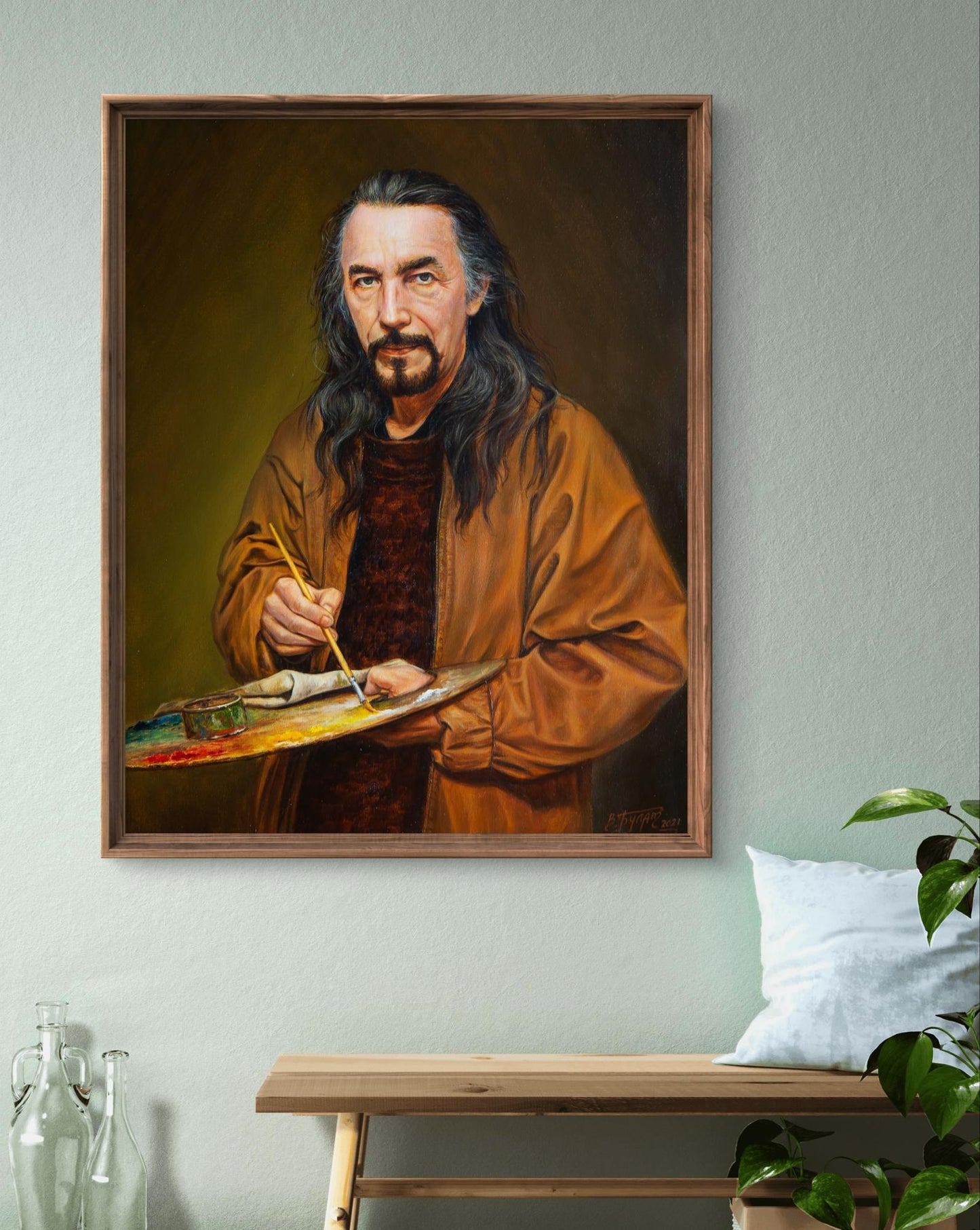 Oil painting of artist at work by Valeriy Bulat, framed portrait