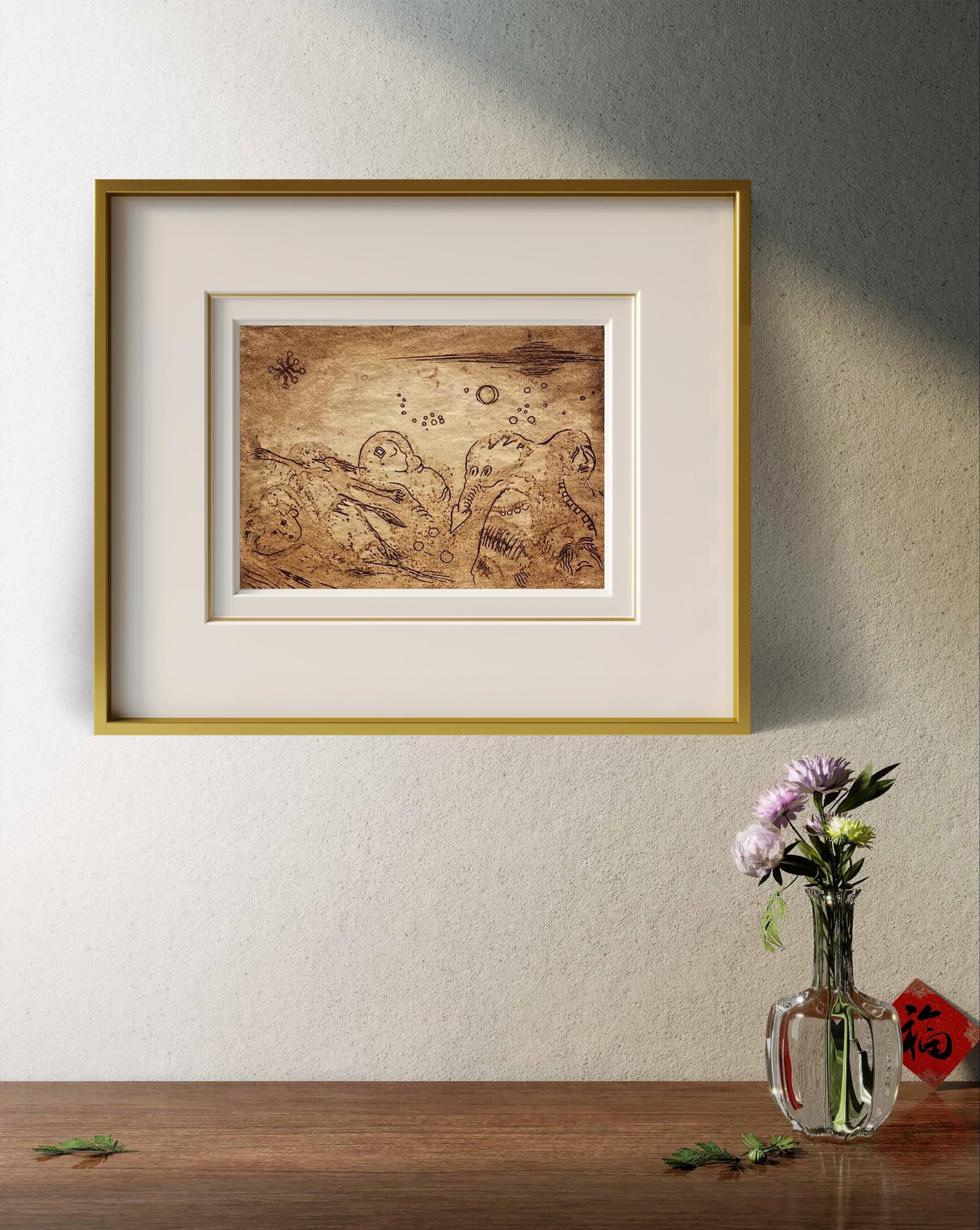 Framed Night etching by Oleksandr Zhmailo with gold frame, white mat, whimsical creatures