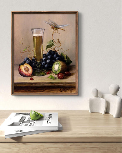 Oil painting Light treat Valeriy Bulat: beer, grapes, fruit, dragonfly