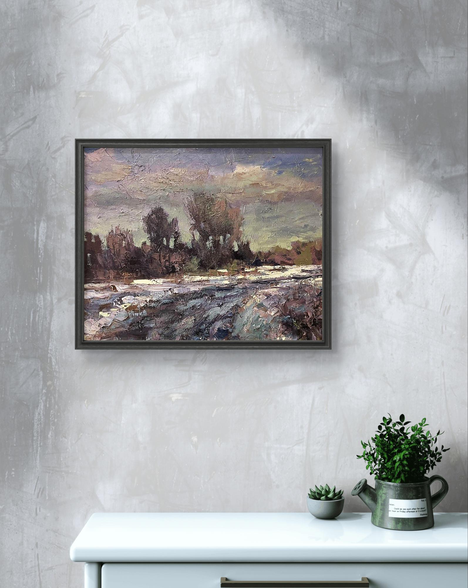 Oil painting Outside the Village by Volodymyr Pashchenko in black frame