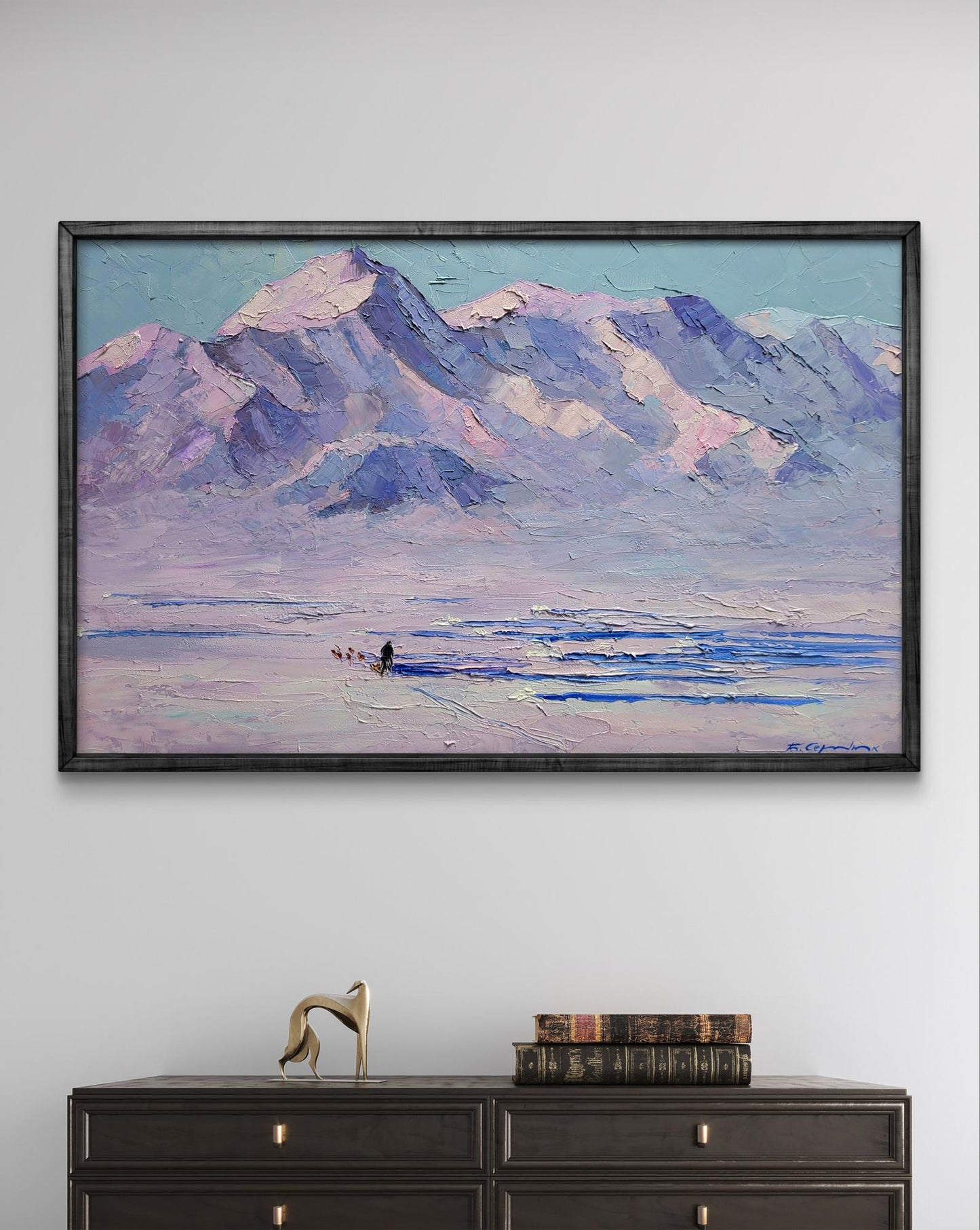 Oil painting Breath of the North Wind by Boris Serdyuk, purple-pink mountains