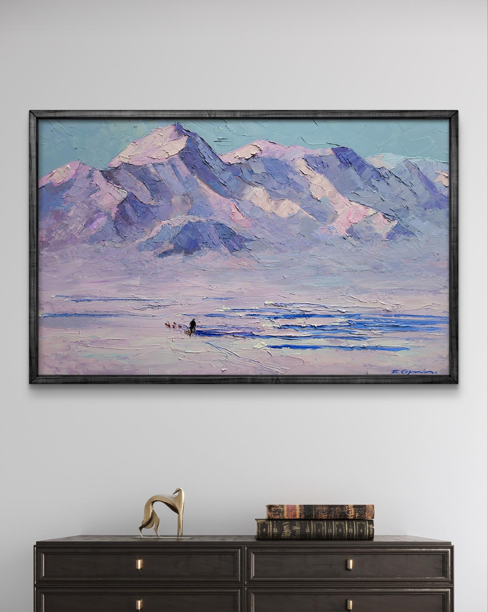 Oil painting Breath of the North Wind by Boris Serdyuk, purple-pink mountains