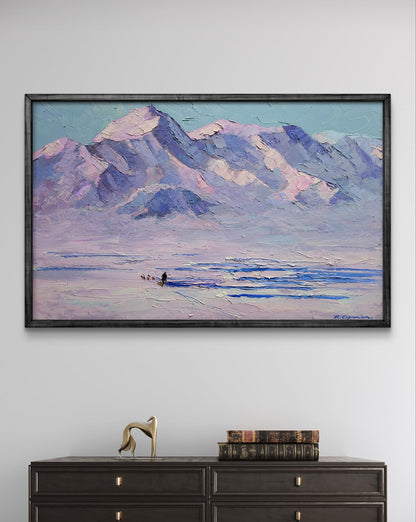 Oil painting Breath of the North Wind by Boris Serdyuk, purple-pink mountains