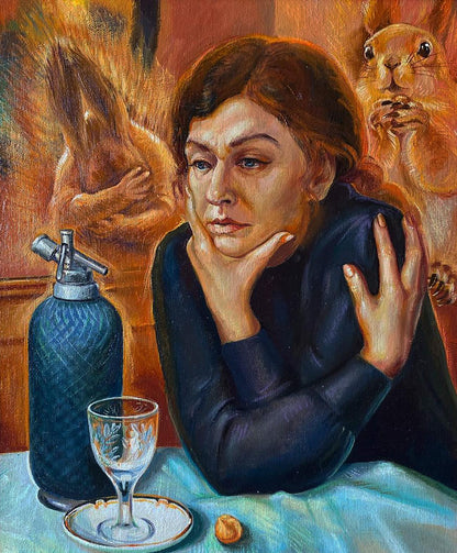 Oil painting of dark blue textured glass seltzer bottle by Natalia Bulat