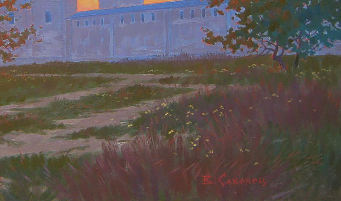 Oil painting The sun has set by Valery Savenets: castle at dusk