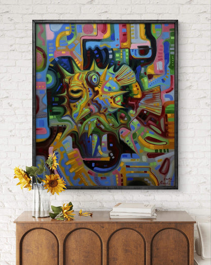 Vibrant Green Electric Fugu oil painting by Sergiy Voichenko in black frame