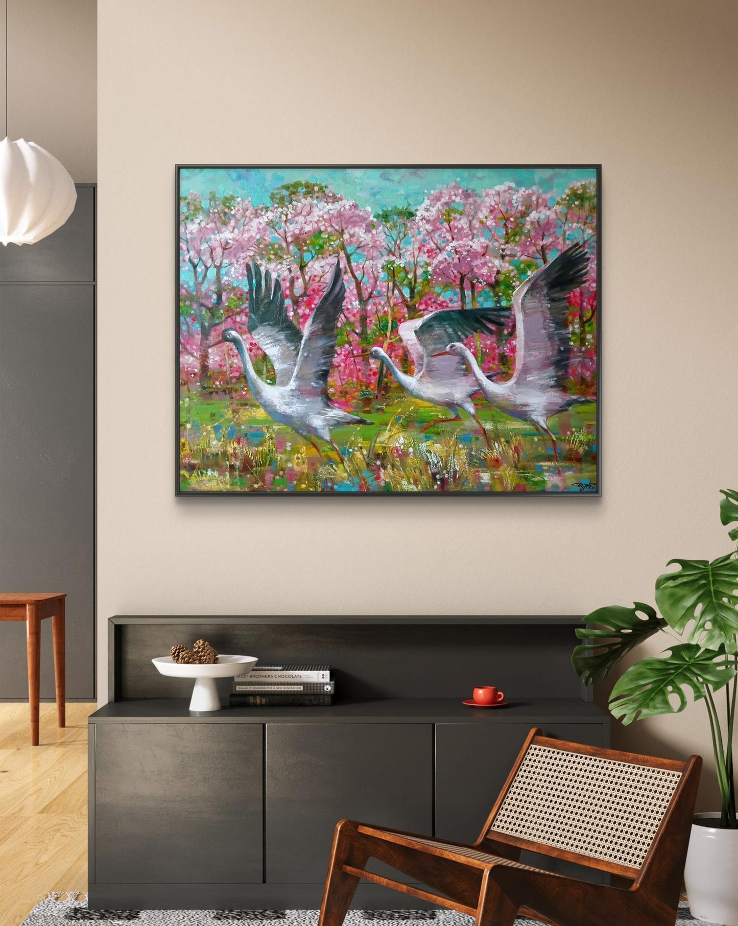 Oil painting Storks on a flower meadow Anatoly Tarabanov