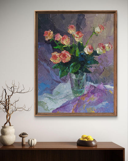 Oil painting Roses in crystal by Boris Serdyuk, pink cream roses bouquet