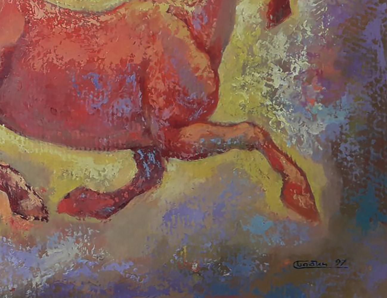Vibrant oil painting of red horse running in circles by Vasily Korkishko