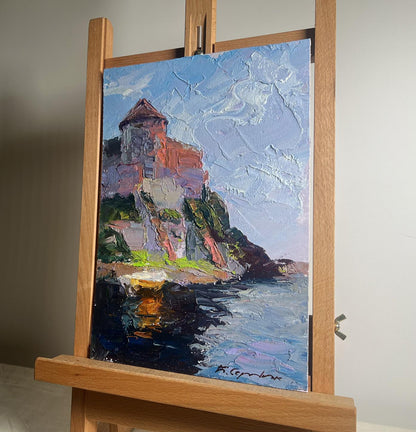 Oil painting Fortress by the Sea by Boris Serdyuk, coastal castle impasto