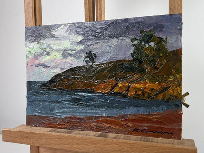 Oil painting The gray day is silent by Boris Serdyuk, rocky shoreline landscape