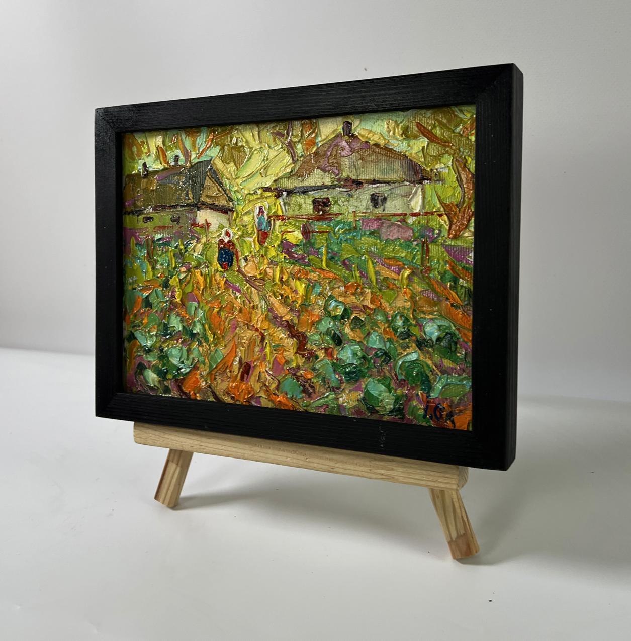 Vibrant textured oil painting of yellow sunset in village by Oleksiy Ivanyuk in black frame