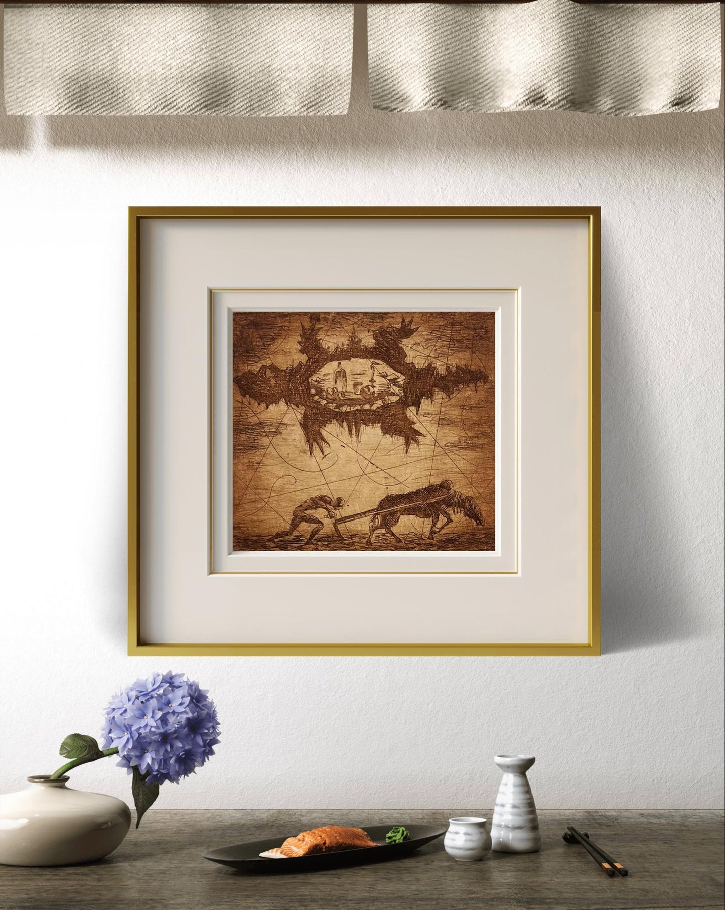 Sepia etching by Oleksandr Zhmailo: figures pulling cart, gold frame