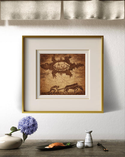 Sepia etching by Oleksandr Zhmailo: figures pulling cart, gold frame