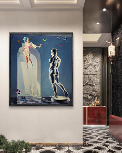 Oil painting Flight of Meletus by Igor Konovalov: surreal floating woman