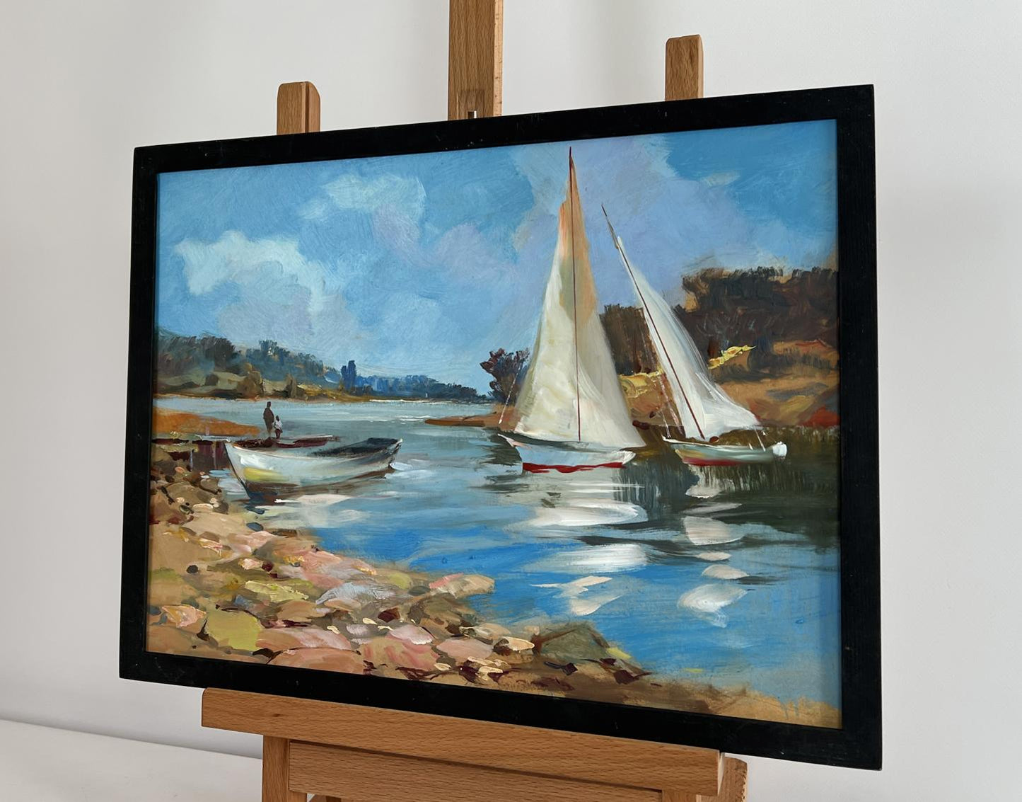 Framed impressionist oil painting of sailboats by Yuriy Suprunchuk