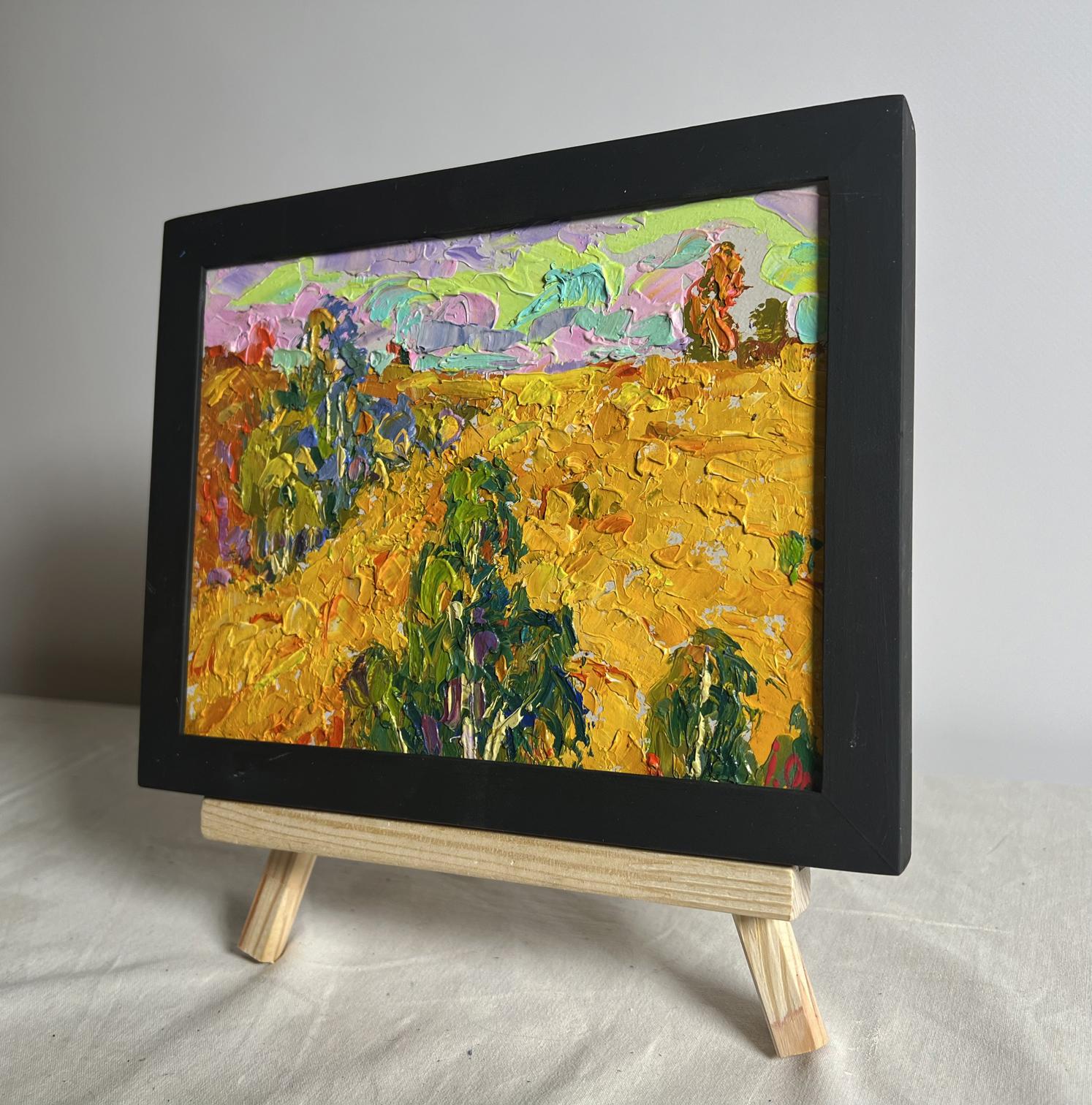 Oil painting Golden field among trees by Oleksiy Ivanyuk in black frame