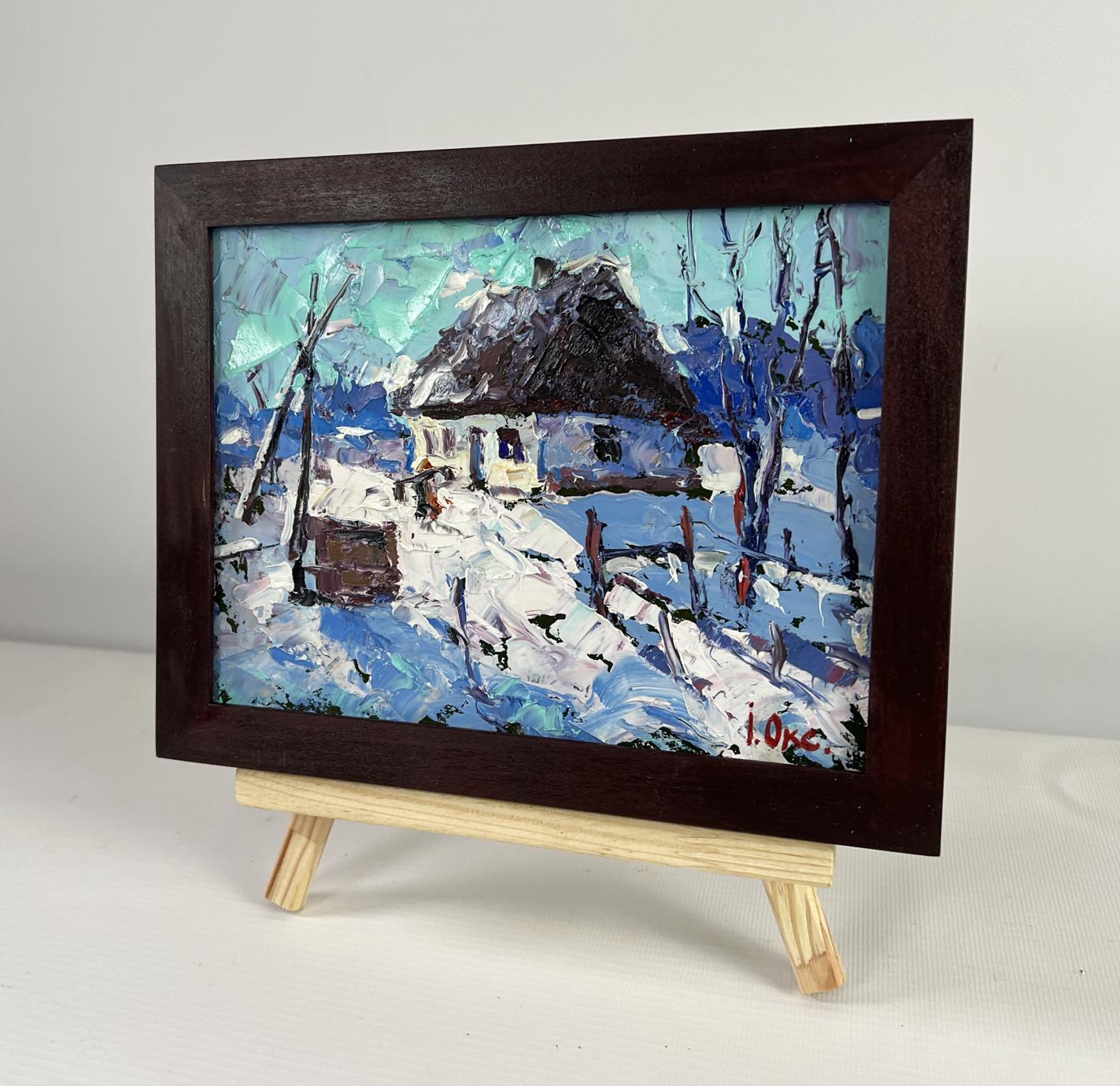 Oil painting The house sleeps in the snow by Oksana Ivanyuk snowy village scene