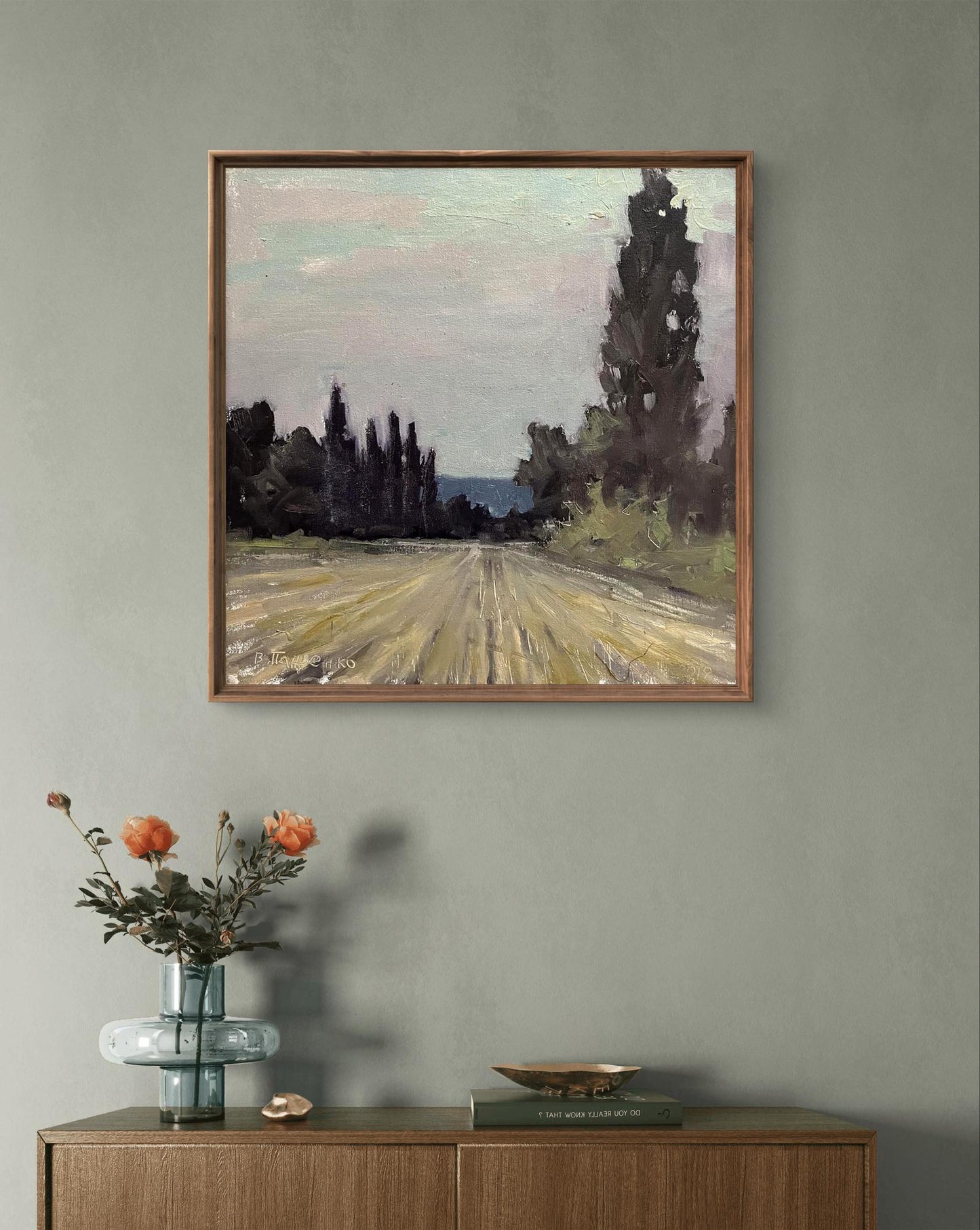 Oil painting Mowed field by Volodymyr Pashchenko: rustic road with trees