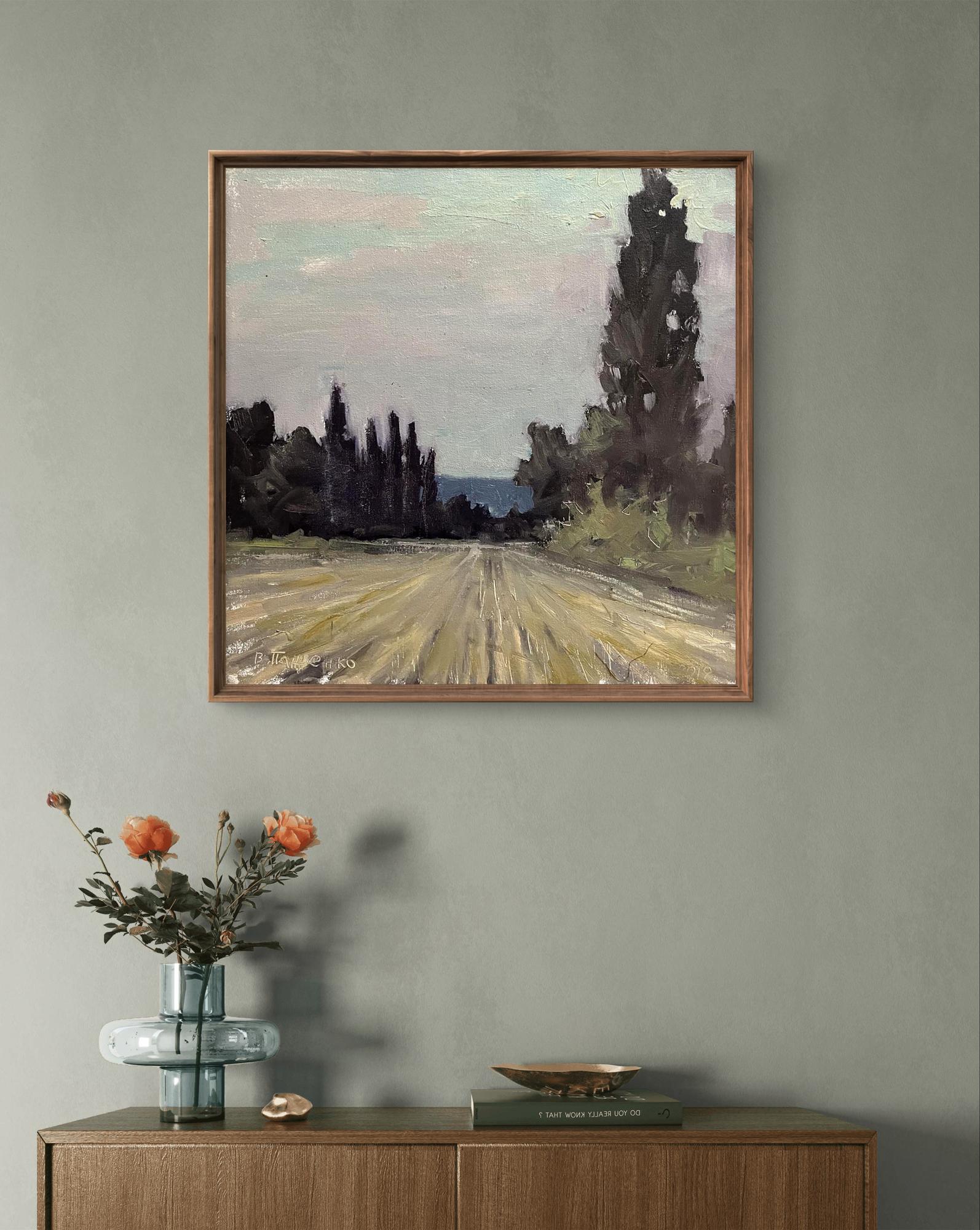 Oil painting Mowed field by Volodymyr Pashchenko: rustic road with trees