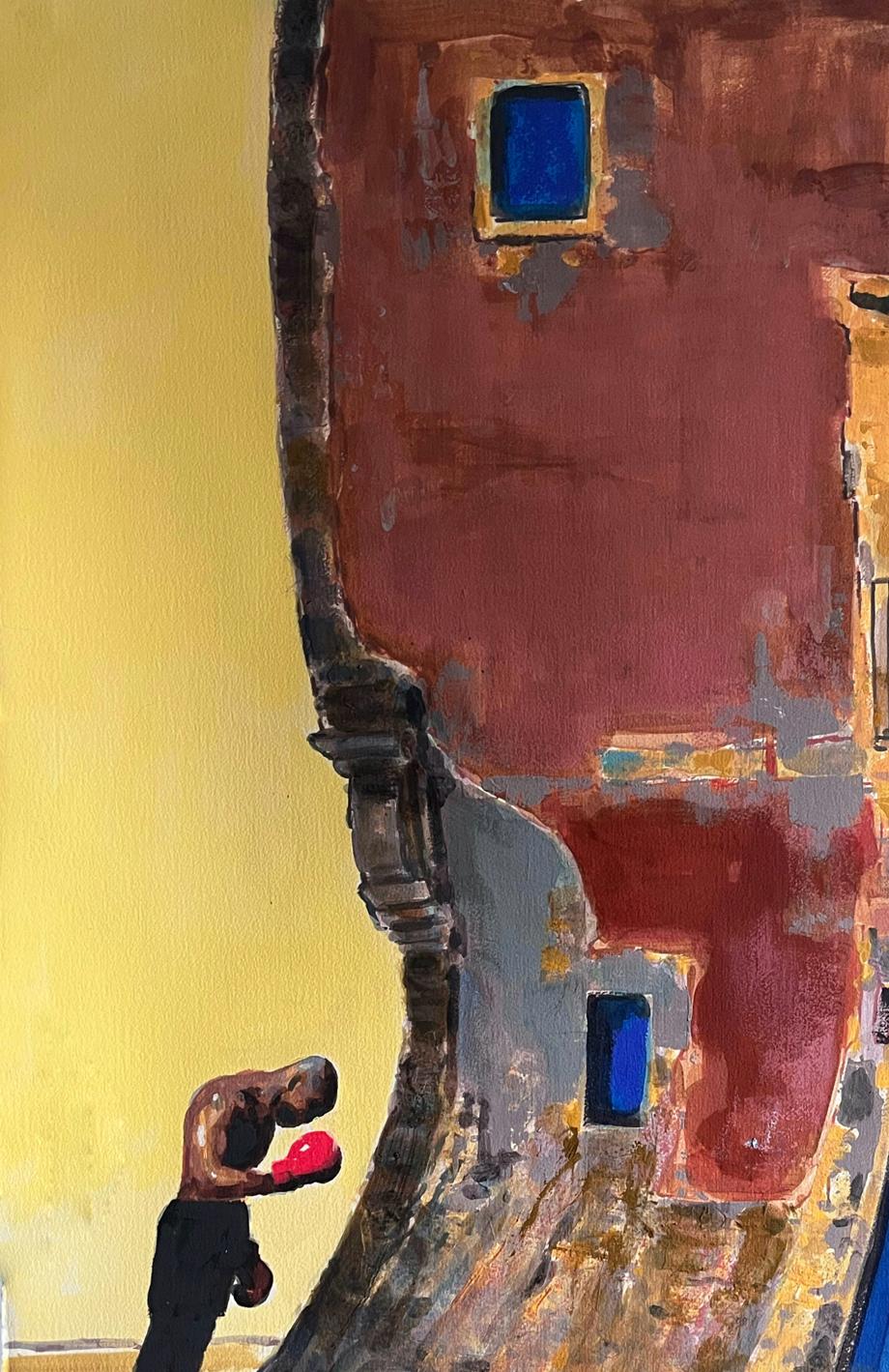 Stylized acrylic painting Before the Fight by Juan Angel Gonzalez de la Calle, boxer in red gloves