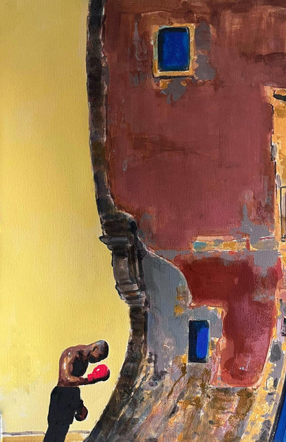 Stylized acrylic painting Before the Fight by Juan Angel Gonzalez de la Calle, boxer in red gloves