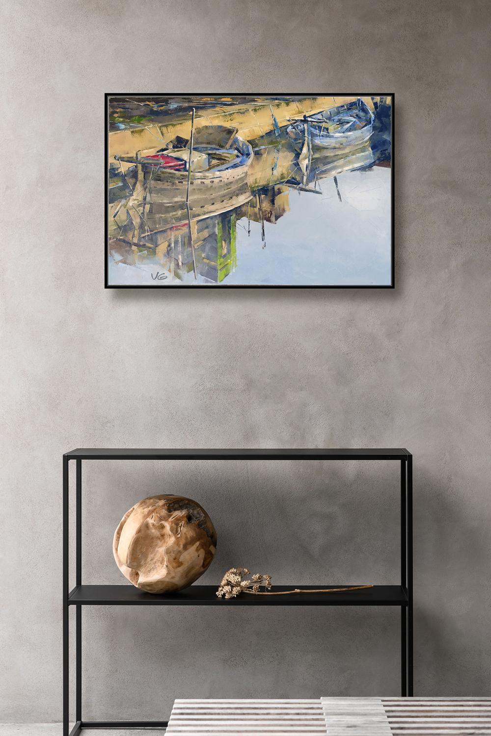 Framed Oil painting Pier by Volodymyr Gluhomanyuk, boats on calm water