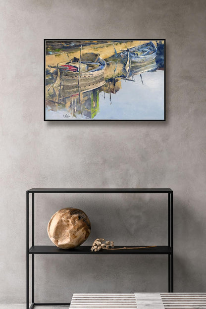 Framed Oil painting Pier by Volodymyr Gluhomanyuk, boats on calm water