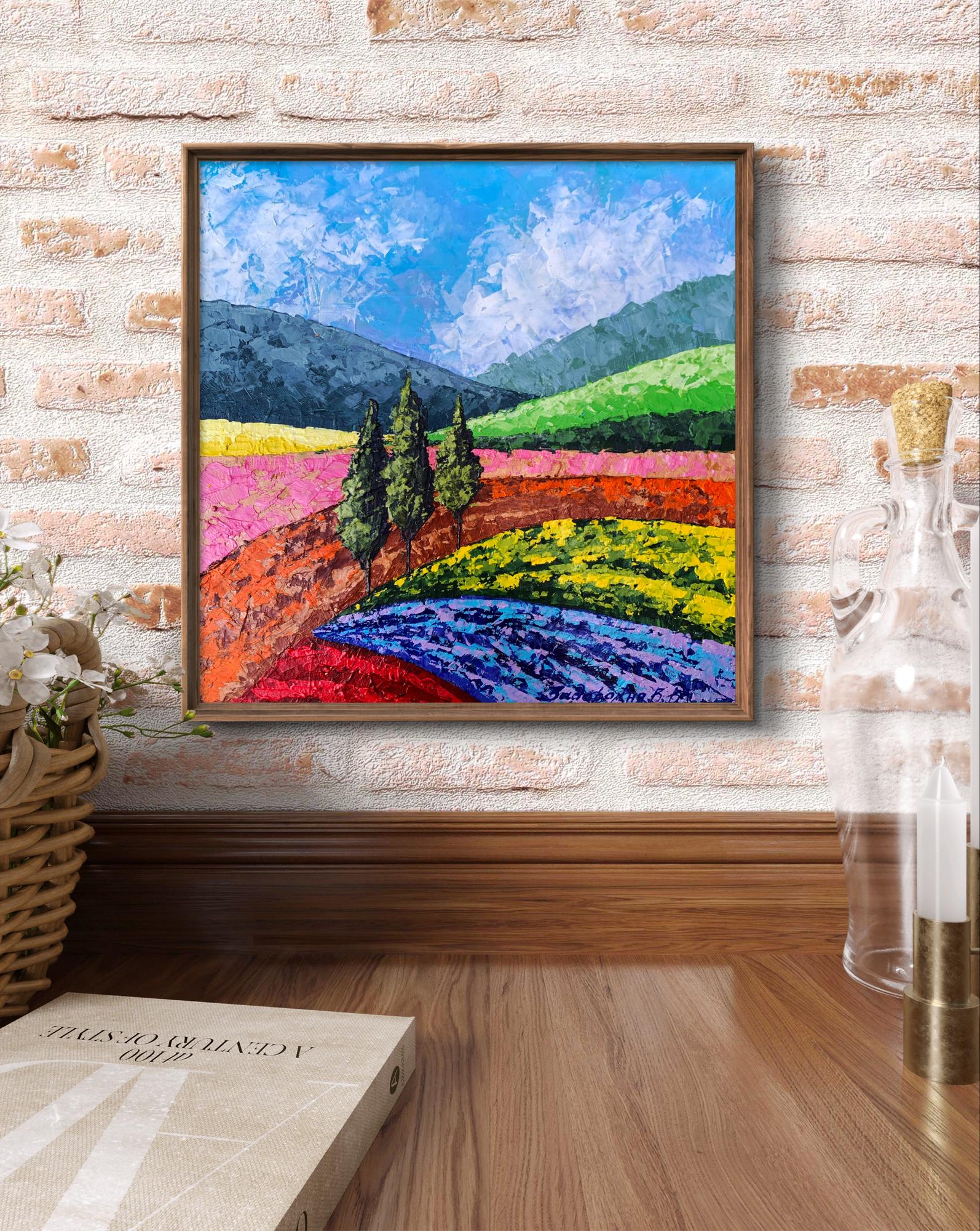 Vibrant Oil painting Mountain Glade V. Zadorozhnya with rainbow hills
